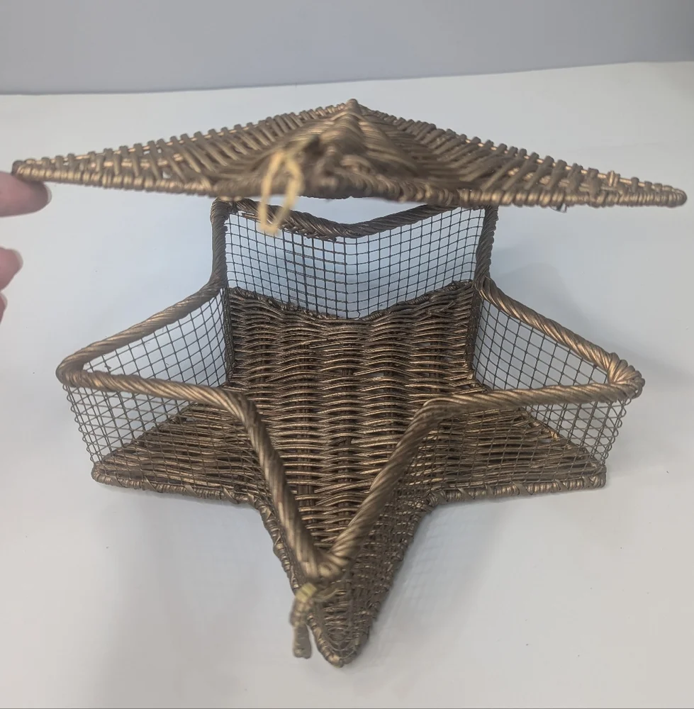 Vintage Star Shaped Basket Wicker and Wire Metallic Gold with Lid